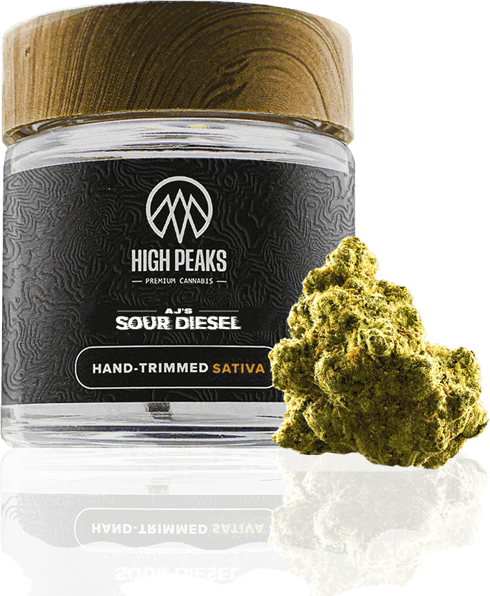 High Peaks AJ's Sour Diesel Flower, current packaging