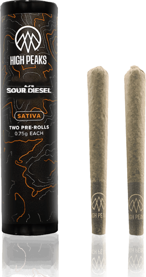High Peaks AJ's Sour Diesel Pre-Rolls, current packaging