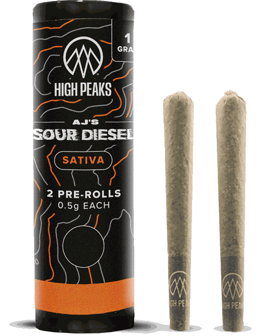 High Peaks AJ's Sour Diesel Pre-Rolls, new packaging