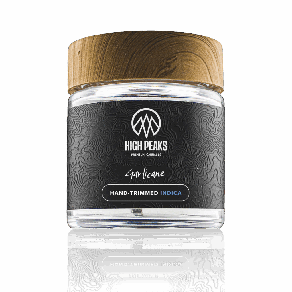 Glass jar with Cannabis Flower strain Garlicane label on it