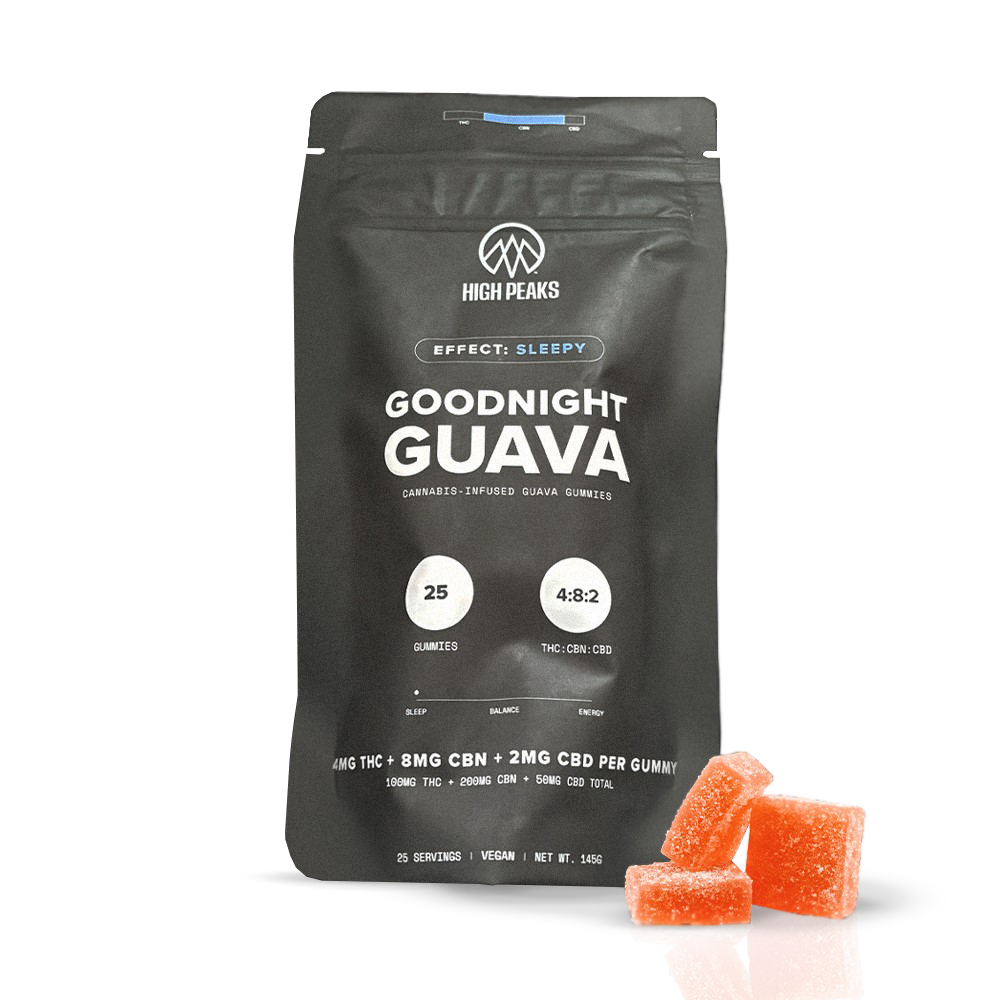 Hight peaks goodnight guava gummy bag. with 3 gummies stacked next to it.