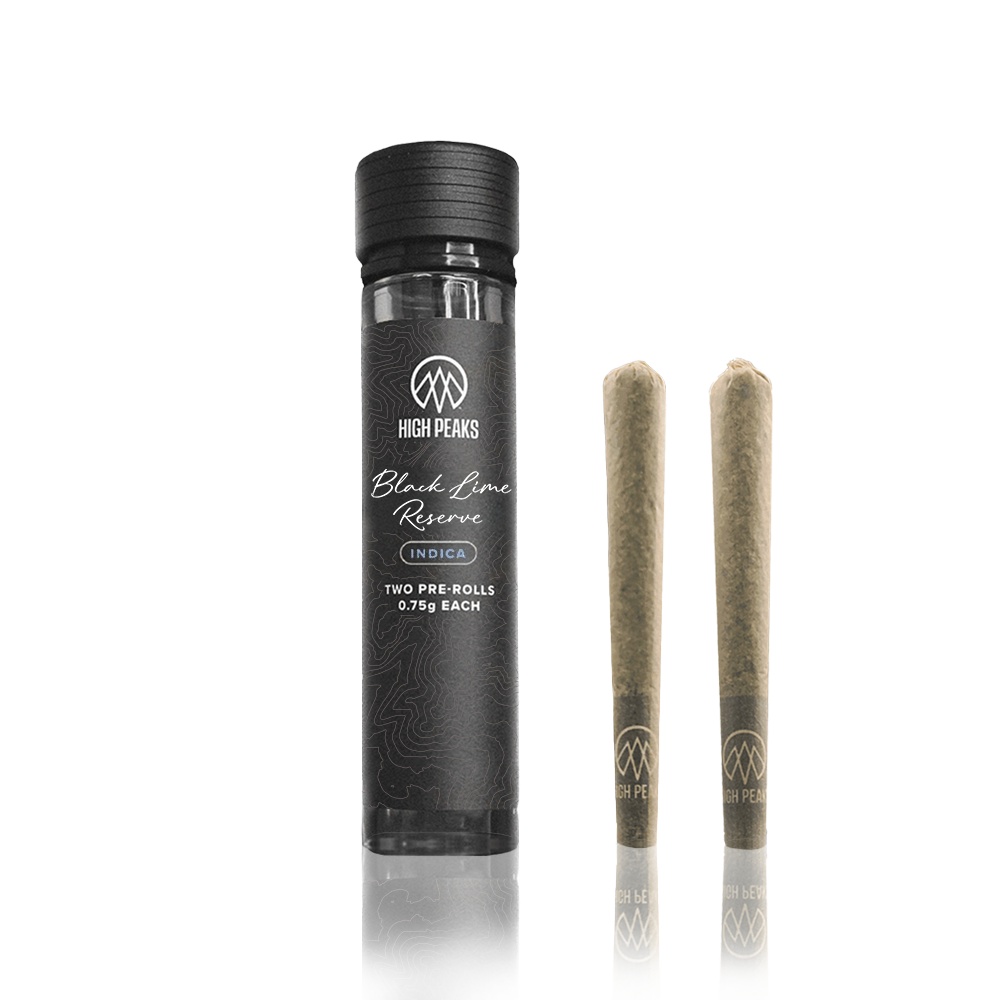 2 Black Lime Reserve Pre-rolls next to a High Peaks glass pre-rolls jar