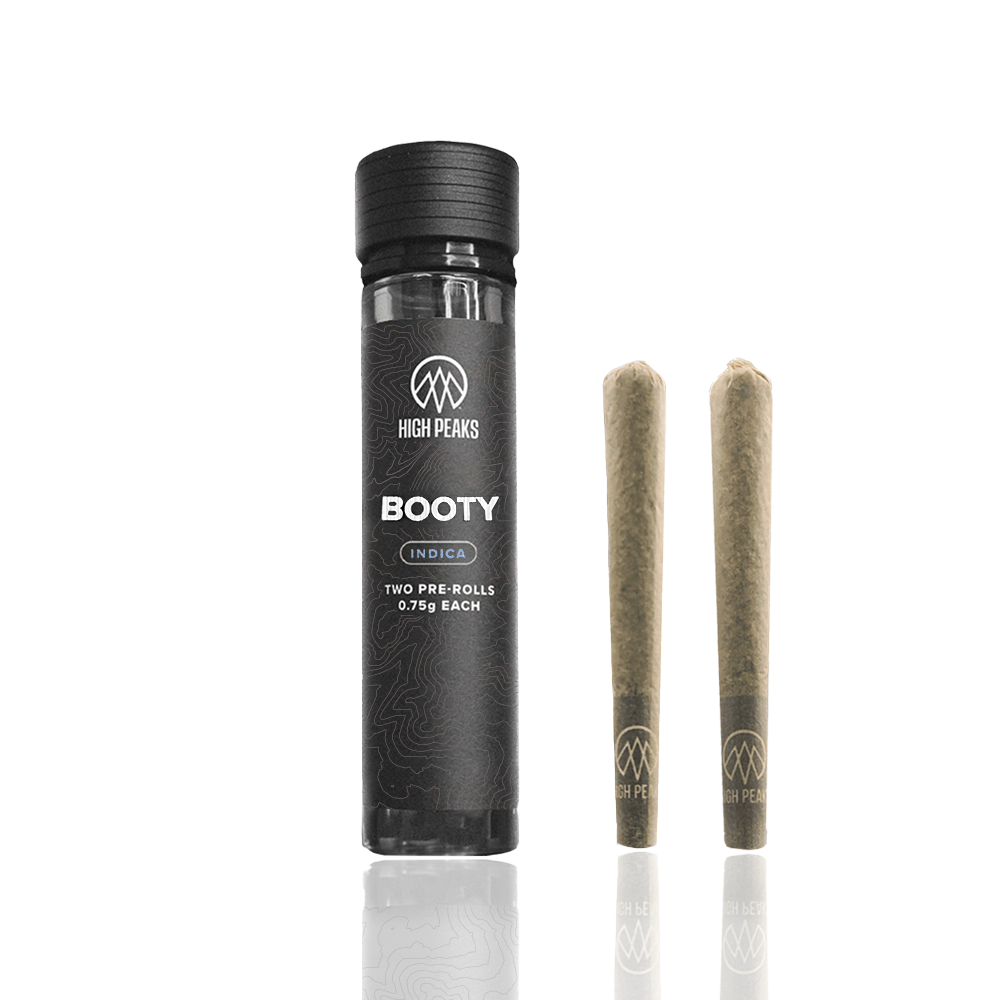 High Peaks Booty Pre-rolls jar with 2 prerolls next to it.